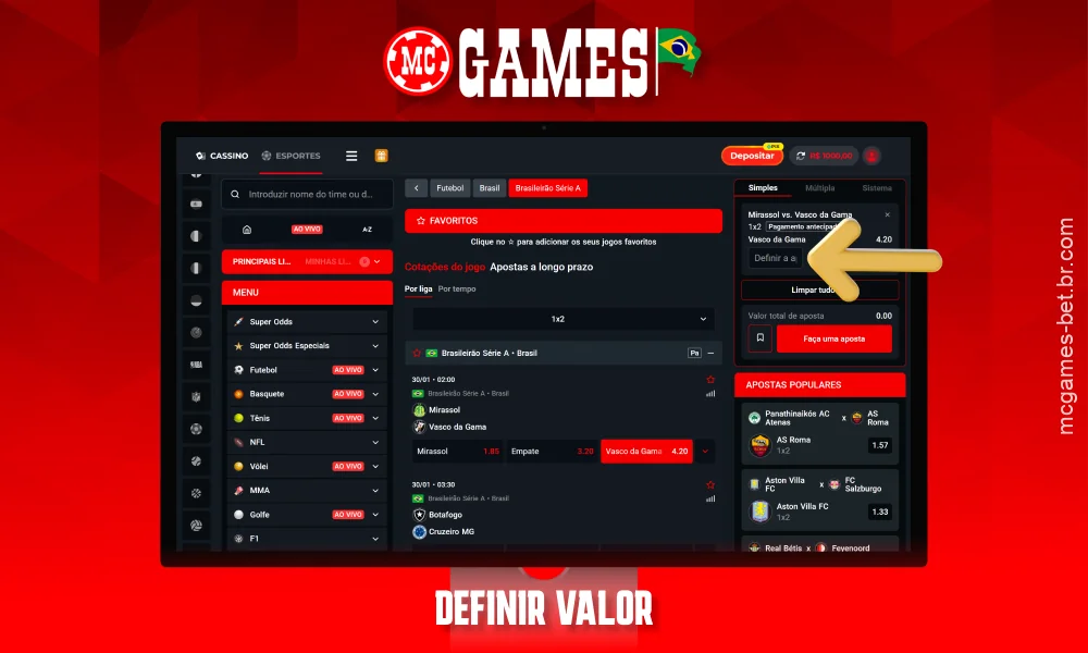 É necessário inserir o valor da aposta em reais brasileiros para fazer uma aposta no MC Games