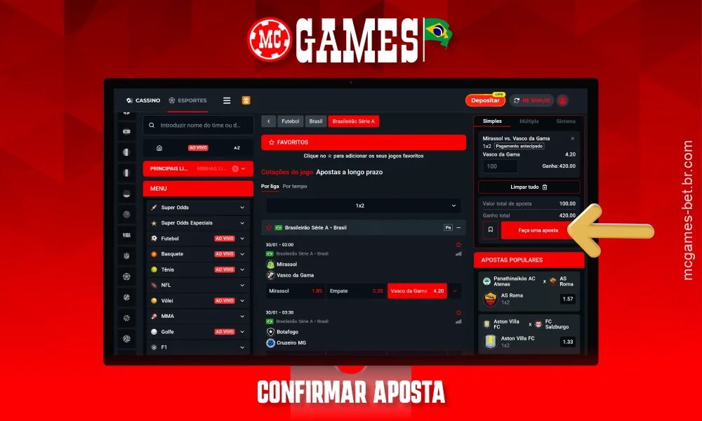 Verifique os dados e clique no botão para fazer uma aposta no MC Games
